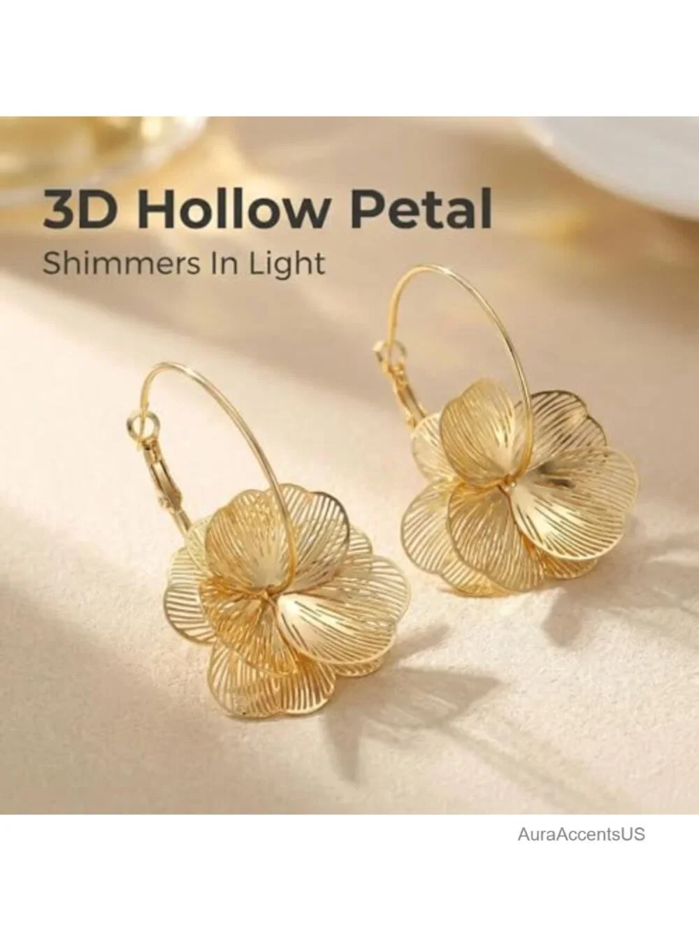 14K Gold Plated Flower Dangle Earrings for Women, Lightweight Wire Floral Hoop
